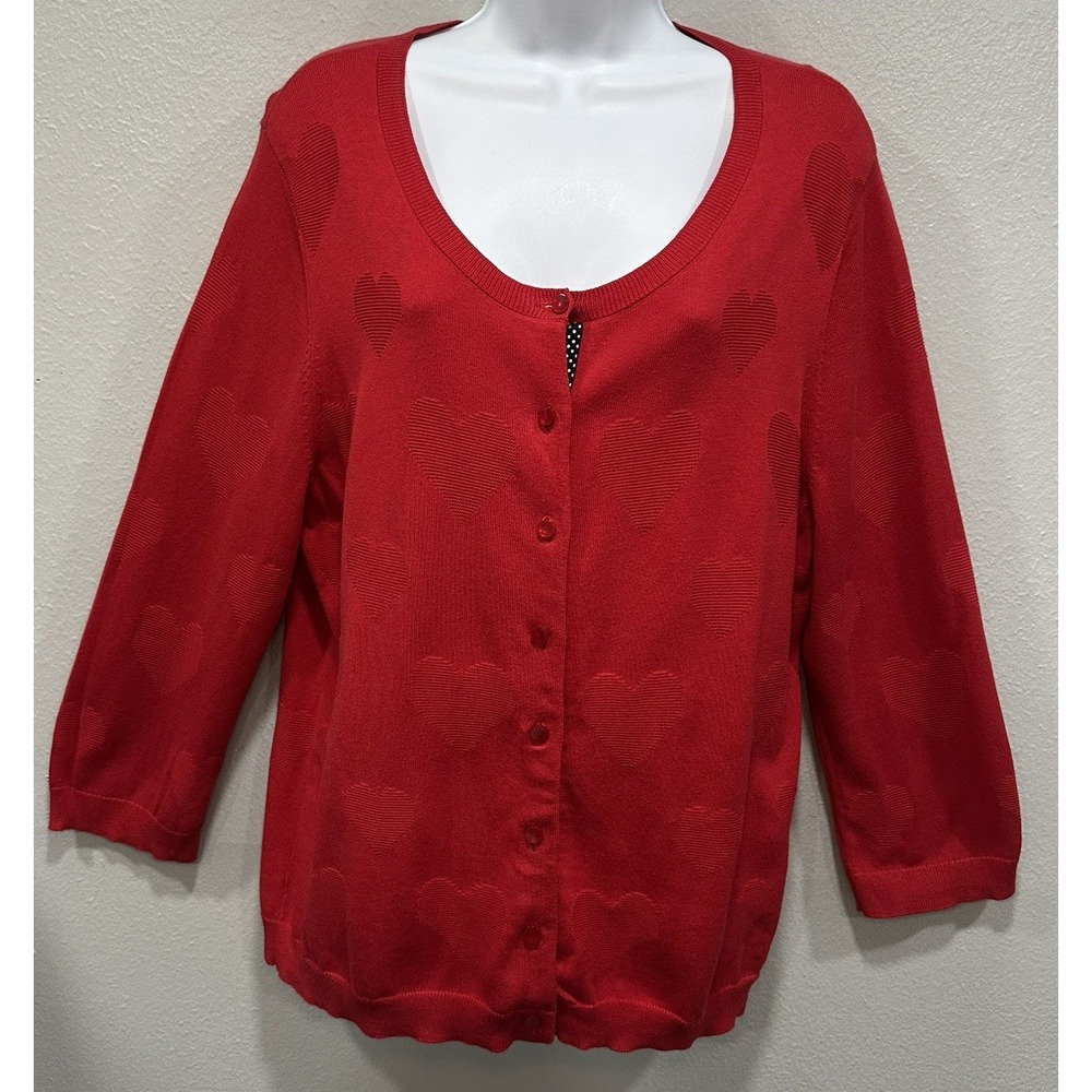 Talbots Cardigan/Sweater Women's Size XL Red W/Hearts 3/4 Sleeves Button UP Prep